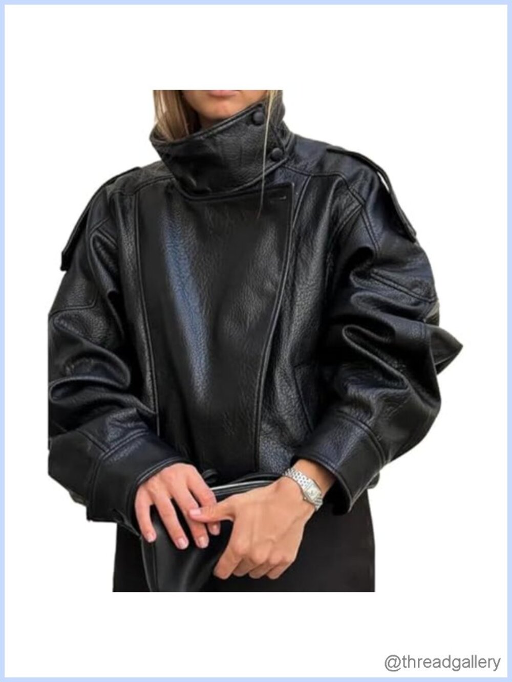 Faux Leather Funnel Neck Oversized Winter Jacket Women Long Sleeve Biker Moto
